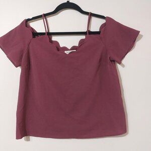 Womens Monteau Wine Purple Off Shoulder Scalloped Short Sleeve Shirt Medium